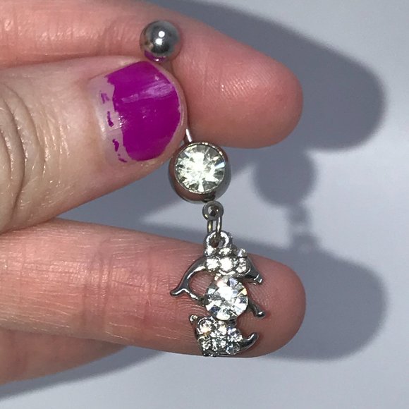 Clear Rhinestone Dolphin Dangle Belly Ring - Picture 2 of 12